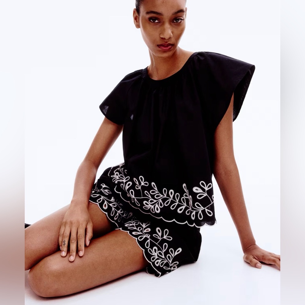 H&M Black Top and Shorts Set with White Embroidery size XL NWT